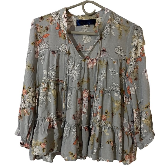 Blue Rain Women's Size S Long Sleeve Blouse Floral Ruffle Cottagecore Tie Neck - Picture 2 of 4